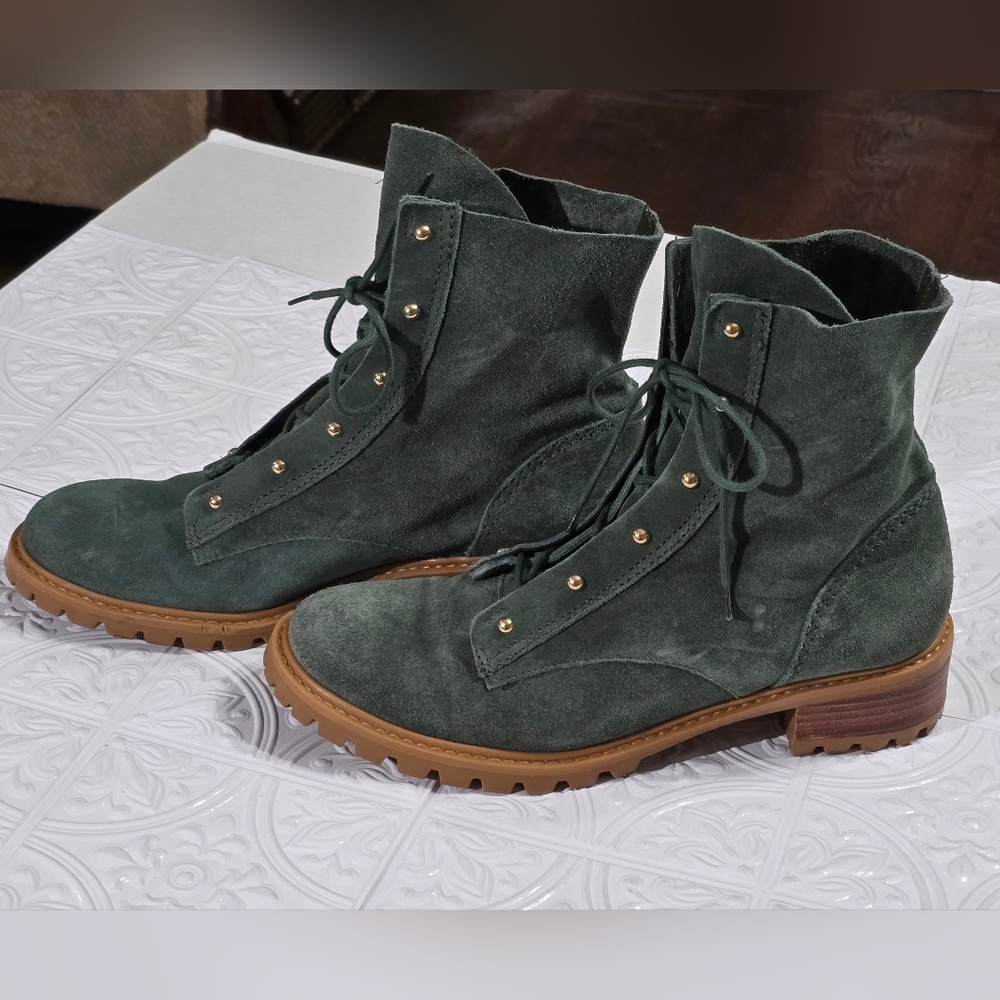 Schutz Green Suede Women's Combat Moto Boots - Picture 3 of 13